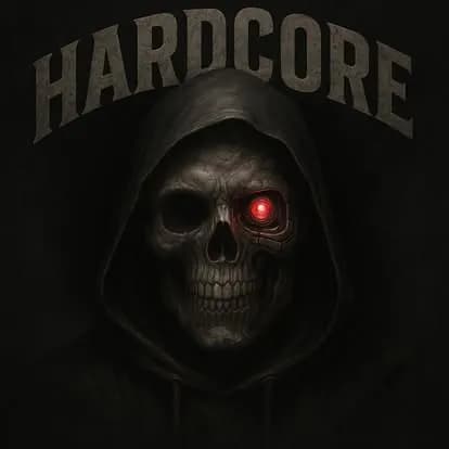 HARDCORE arched type over hooded skull with red cybernetic eye