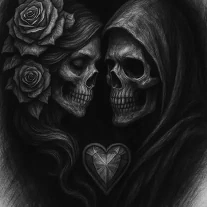 Two skulls with roses and gem heart, black & gray flash