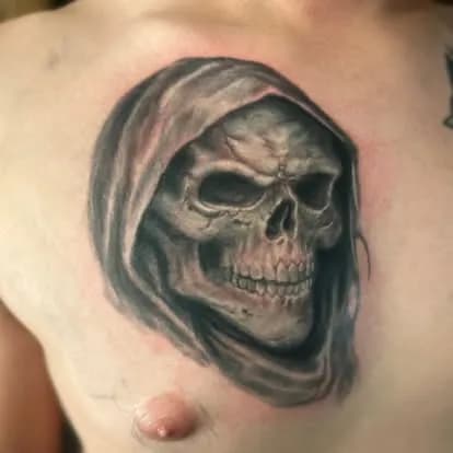 Hooded reaper skull, chest, black & gray
