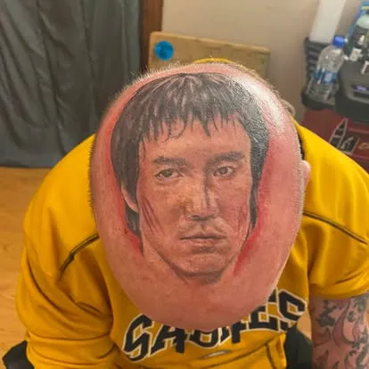 Bruce Lee portrait, scalp, colour realism